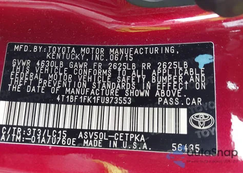 2015 Toyota Camry Xse z USA, uszkodzony, nr VIN 4T1BF1FK1FU973553